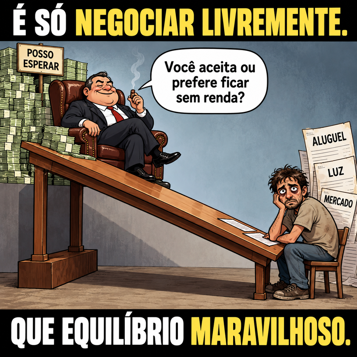 Charge: um empresário sentado junto a pilhas de dinheiro, no alto de uma mesa inclinada, pergunta a um trabalhador com contas de aluguel, luz e mercado se ele aceita ou prefere ficar sem renda. Legenda: É só negociar livremente. Que equilíbrio maravilhoso.