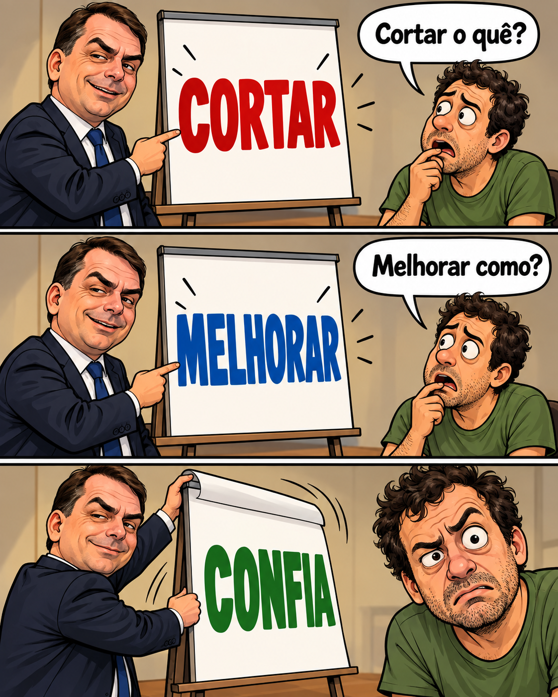 Tirinha com caricatura de Flávio Bolsonaro apresentando cartazes. Primeiro: Cortar; eleitor pergunta Cortar o quê? Segundo: Melhorar; eleitor pergunta Melhorar como? Terceiro: Confia; o eleitor aparece confuso.