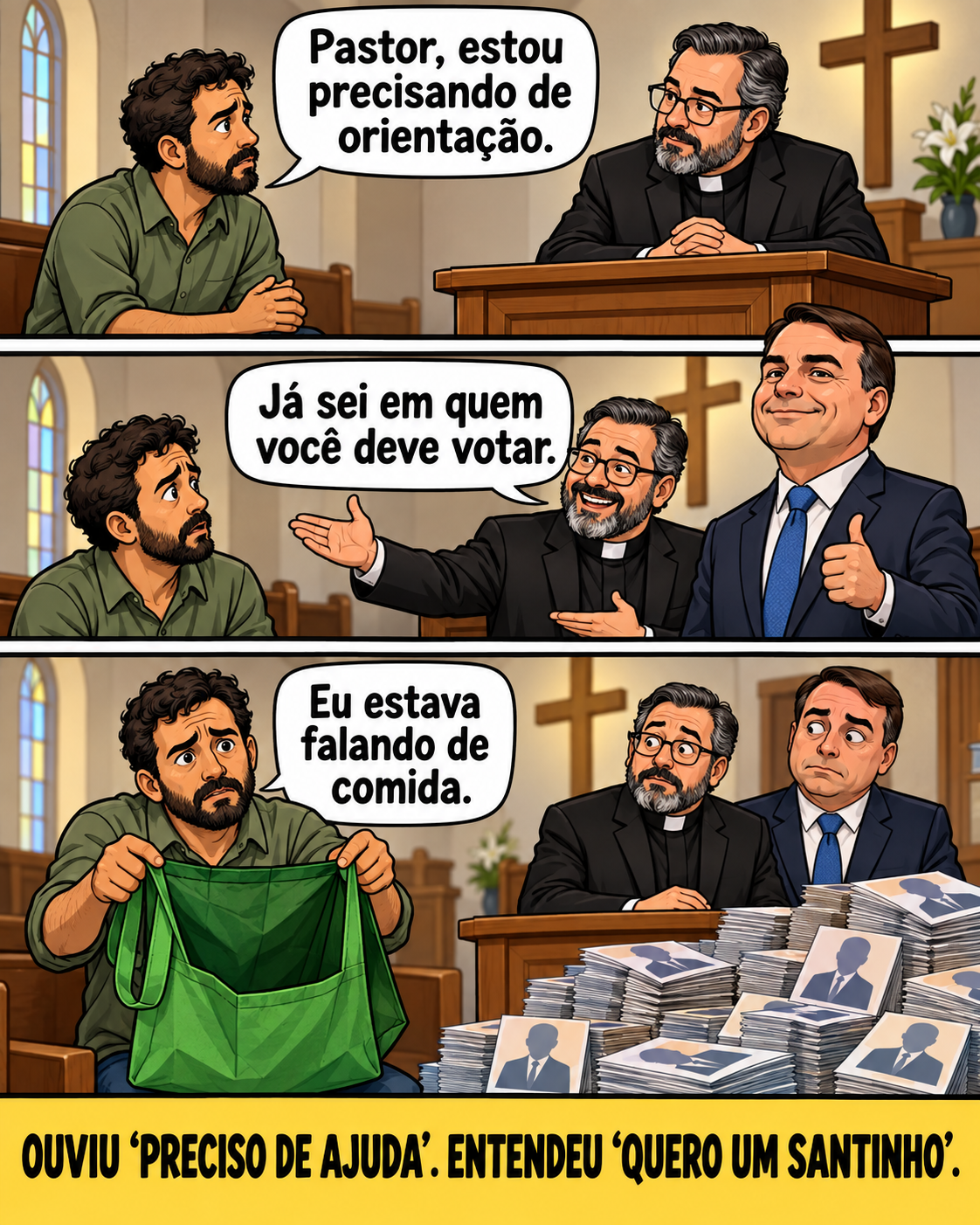 Meme de política brasileira: Empty grocery bag, election pitch.