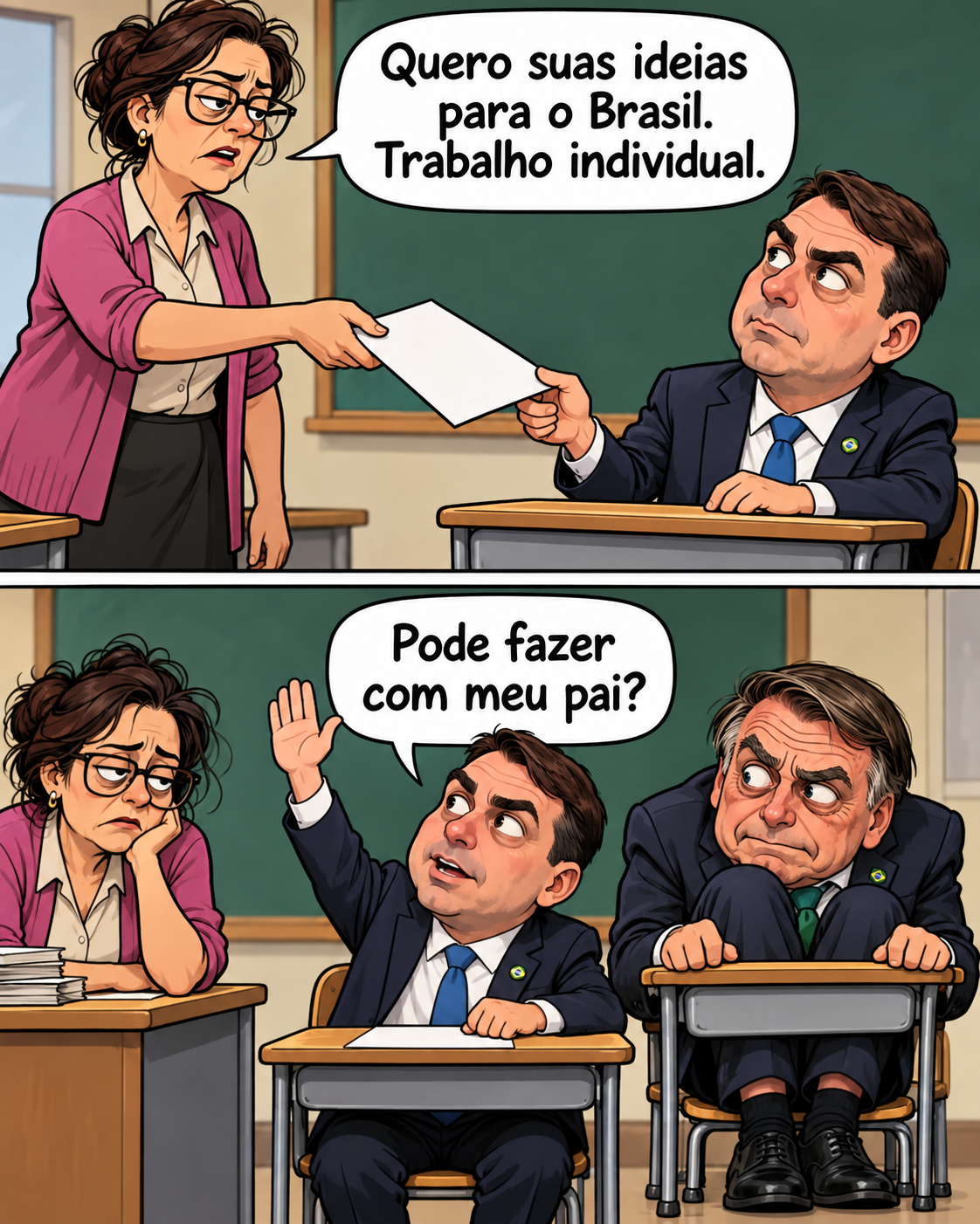 Professora entrega uma folha a uma caricatura de Flávio Bolsonaro e diz Quero suas ideias para o Brasil. Trabalho individual. No segundo quadro, ele pergunta Pode fazer com meu pai? Jair Bolsonaro está sentado atrás dele.