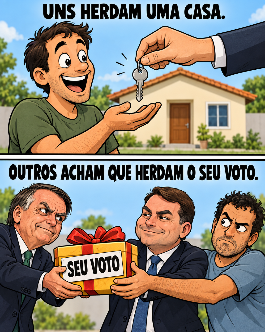 No primeiro quadro, um jovem recebe a chave de uma casa, com a frase Uns herdam uma casa. No segundo, Jair Bolsonaro entrega a Flávio uma caixa marcada Seu voto, enquanto um eleitor tenta segurá-la. Frase: Outros acham que herdam o seu voto.