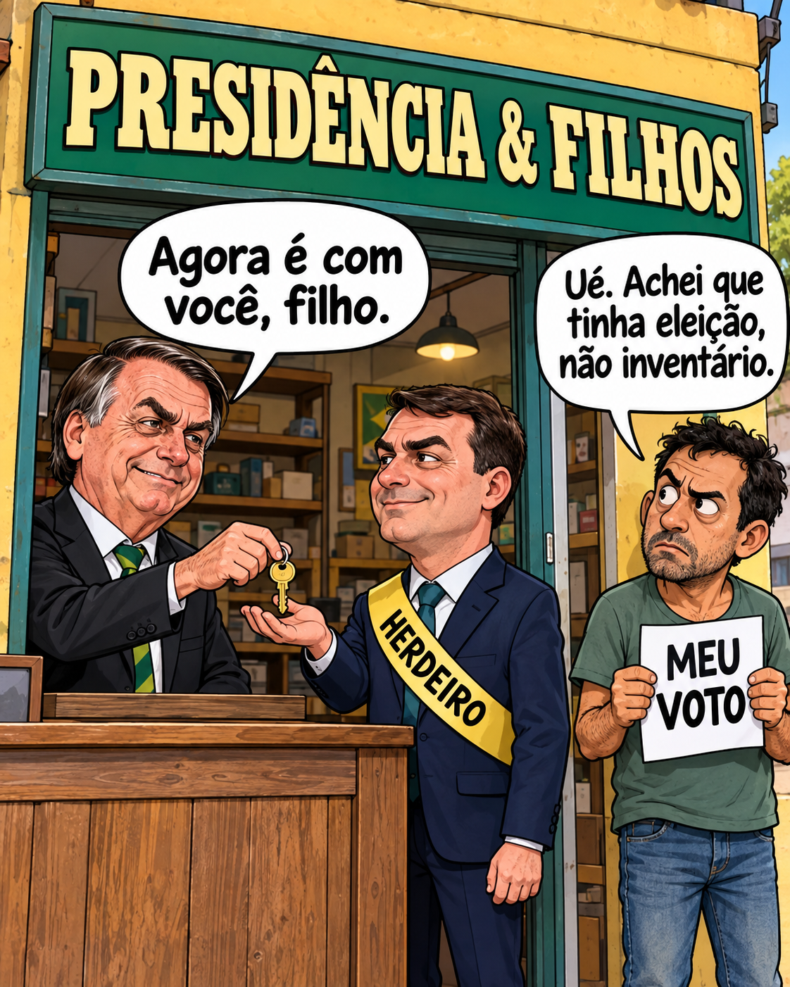 Fachada de uma loja fictícia chamada Presidência e Filhos. Jair Bolsonaro entrega uma chave a Flávio, que usa uma faixa Herdeiro, e diz Agora é com você, filho. Um eleitor com papel Meu voto responde Ué. Achei que tinha eleição, não inventário.