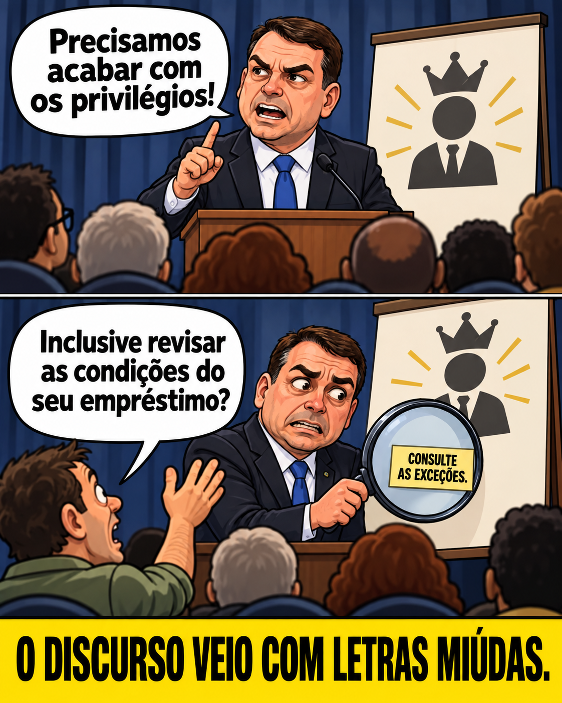 Meme de política brasileira: Magnifying glass reveals the fine print.