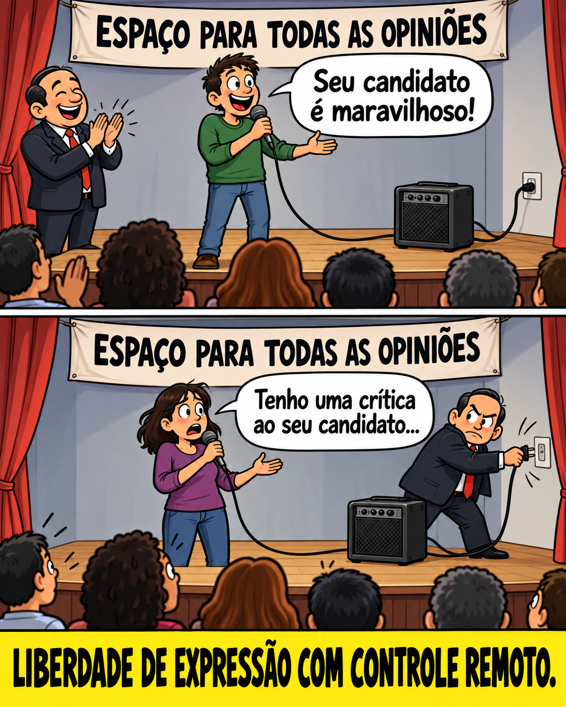 Meme de política brasileira: Microphone, Plug, and Double Standards.