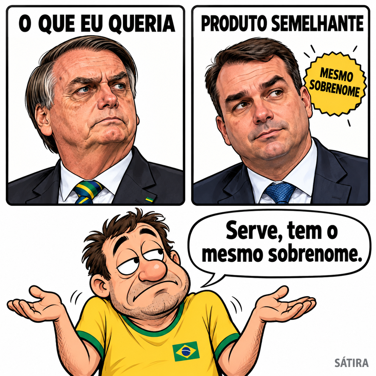 Meme de comparação: retrato de Jair Bolsonaro sob O que eu queria e retrato de Flávio sob Produto semelhante, com selo Mesmo sobrenome. Abaixo, um eleitor diz Serve, tem o mesmo sobrenome. Imagem identificada como sátira.