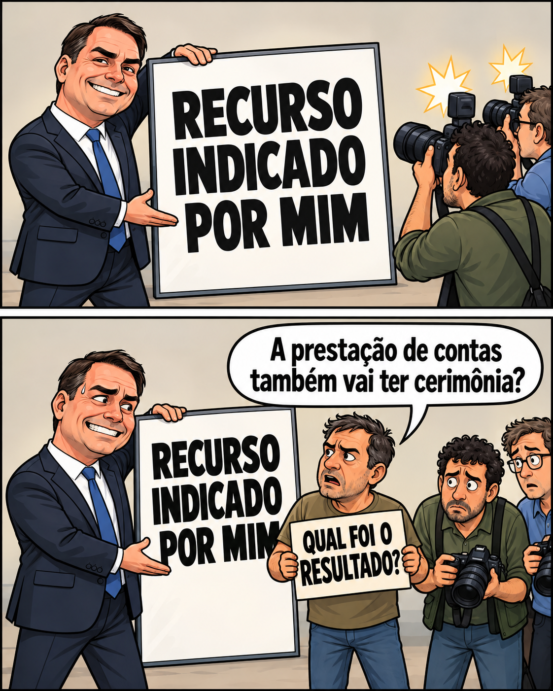 Meme de política brasileira: Sign, cameras, and a tough question.