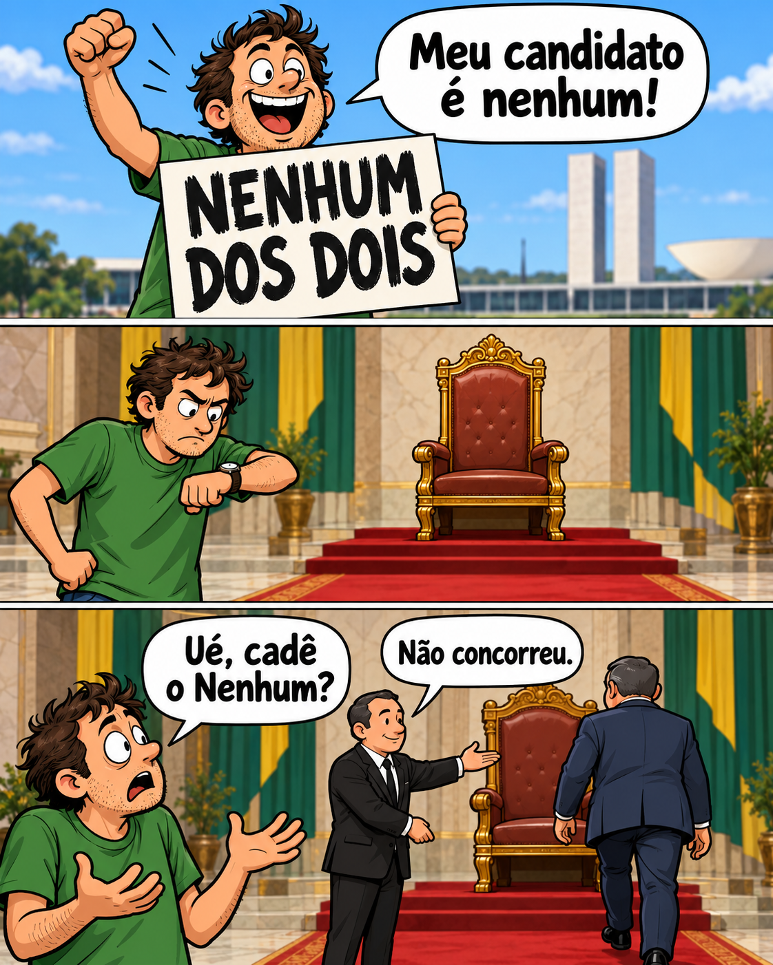 Meme de política brasileira: The empty chair and missing candidate.