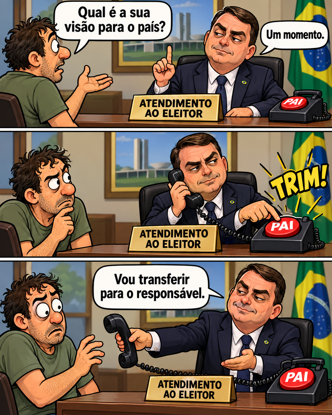 Tirinha: eleitor pergunta a Flávio Bolsonaro qual é sua visão para o país. Ele responde Um momento, atende um telefone marcado Pai e diz Vou transferir para o responsável.