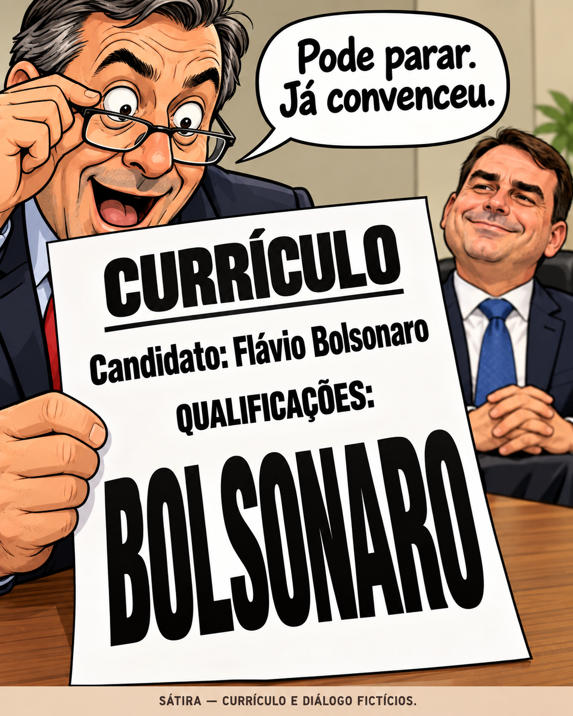 Entrevistador segura currículo fictício com Candidato: Flávio Bolsonaro e Qualificações: Bolsonaro escrito em letras enormes. Ele diz Pode parar. Já convenceu. Flávio sorri ao fundo. Rodapé: Sátira, currículo e diálogo fictícios.