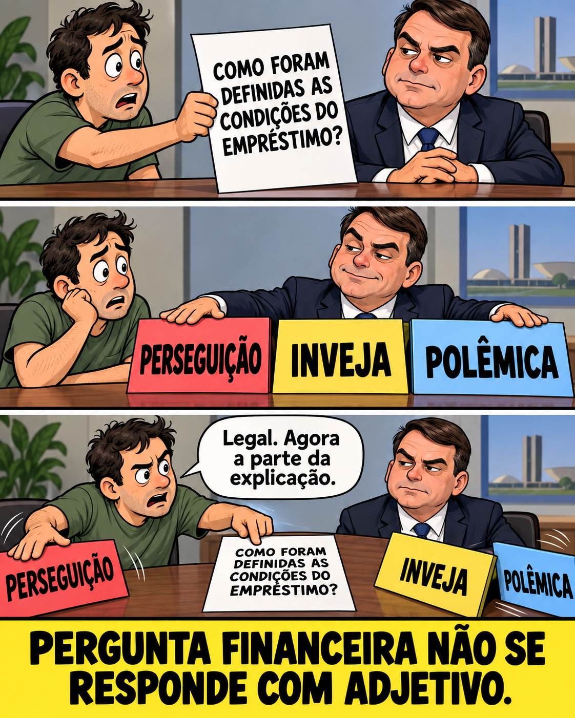 Meme de política brasileira: Three plaques, one unanswered question.
