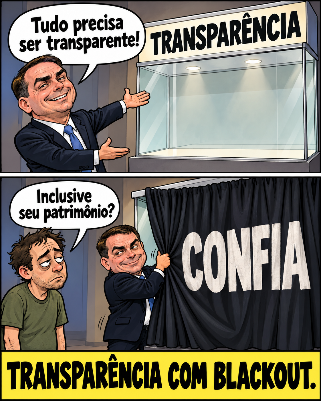 Meme de política brasileira: Transparency showcase meets a blackout curtain.